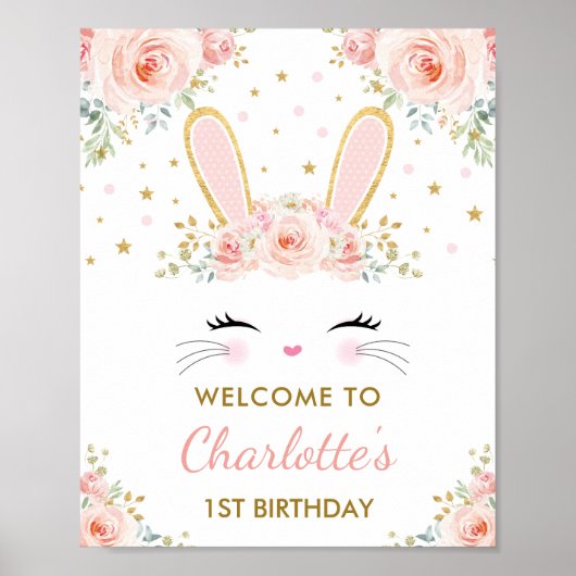 Niedliches Bunny Pink Gold Floral Osterhasen Willk Poster (Vorne)