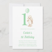 Niedliches Bunny Rabbit & Balloon Green 1. Geburts Einladung (Vorderseite)