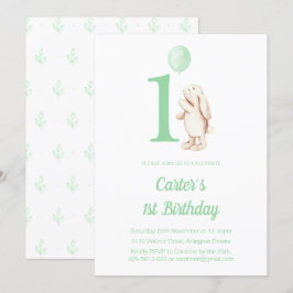 Niedliches Bunny Rabbit & Balloon Green 1. Geburts Einladung