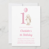 Niedliches Bunny Rabbit & Balloon Pink 1. Geburtst Einladung (Vorderseite)