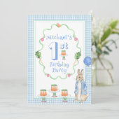 Niedliches Bunny Rabbit Blue 1. Geburtstag Party Einladung (Stehend Vorderseite)