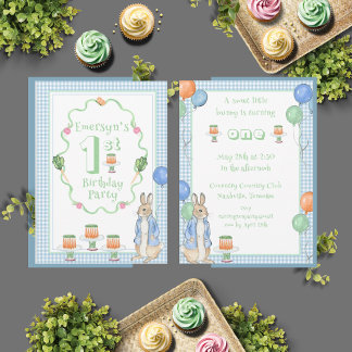 Niedliches Bunny Rabbit Green 1. Geburtstag Party Einladung