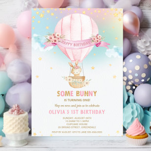 Niedliches Bunny Rabbit Heißluftballon 1. Geburtst Einladung