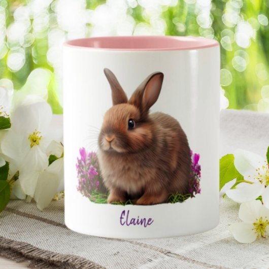 Niedliches Bunny Rabbit Purple Blumen Personalisie Zweifarbige Tasse
