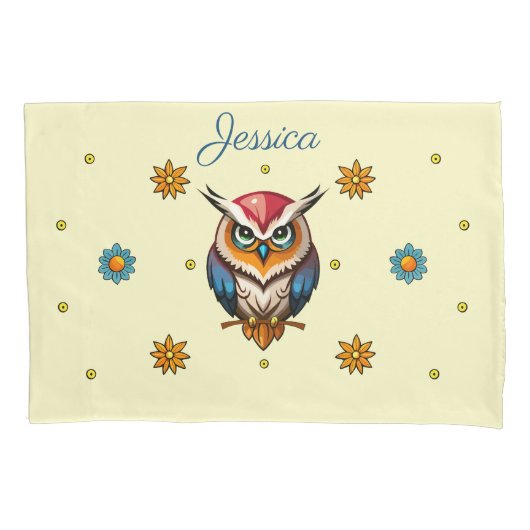 Niedliches buntes Eule mit Blume Girl Kissenbezug (Vorderseite)