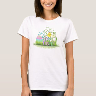 Niedliches buntes glückliches Osterei, Küken und T-Shirt