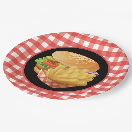 Niedliches Burger- und Fries-Party Pappteller (Schrägansicht)