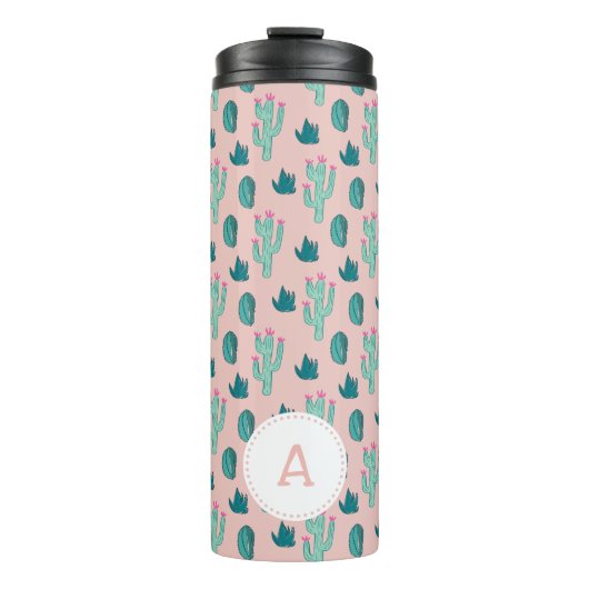 Niedliches Cactus Doodle-Muster | Monogramm Thermosbecher (Vorderseite)