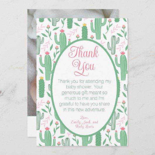 Niedliches Cactus Floral Baby Shower Foto Vielen D Dankeskarte (Vorne/Hinten)