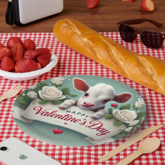 Niedliches Calf Holding Valentinstag Grußbanner Pappteller (Picknick)