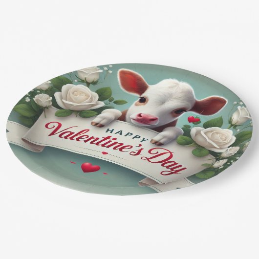 Niedliches Calf Holding Valentinstag Grußbanner Pappteller (Schrägansicht)