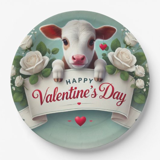 Niedliches Calf Holding Valentinstag Grußbanner Pappteller (Vorderseite)