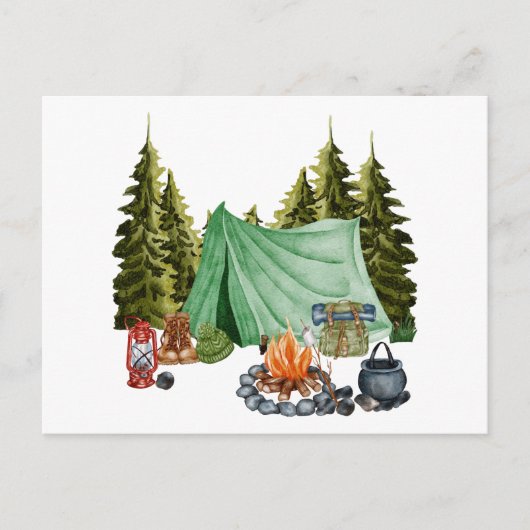 Niedliches Camping Thema Campfire, Zelt, Wald Postkarte (Vorderseite)