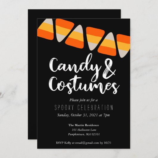 Niedliches Candy Corn Candy und Kostüme Halloween- Einladung (Vorne/Hinten)