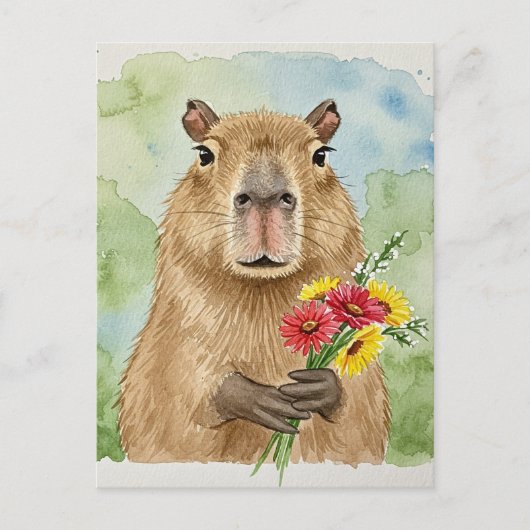 Niedliches Capybara mit Blume Postkarte (Vorderseite)