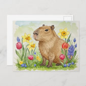 Niedliches Capybara mit Frühlingsblumen Postkarte (Vorne/Hinten)
