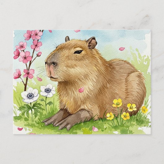 Niedliches Capybara mit Frühlingsblumen Postkarte (Vorderseite)