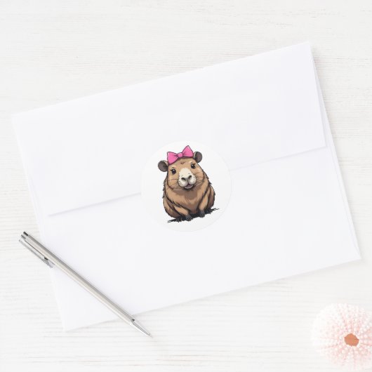 Niedliches Capybara mit rosa Ribbon Frauen Mädchen Runder Aufkleber (Umschlag)