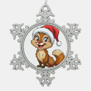 Niedliches Cartoon-Eichhörnchen mit Santa-Mütze Schneeflocken Zinn-Ornament