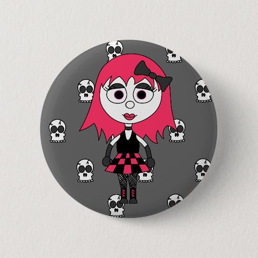 Niedliches Cartoon Goth Mädchen und Schädel-Button Button (Vorderseite)