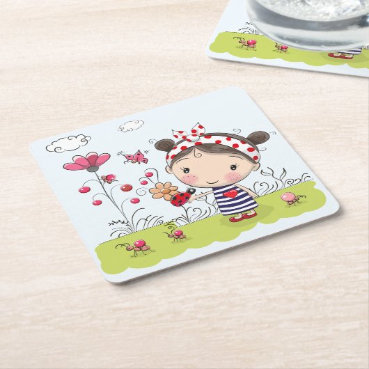 Niedliches Cartoon-Mädchen mit Marienkäfer in der Rechteckiger Pappuntersetzer (angewinkelt)