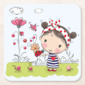 Niedliches Cartoon-Mädchen mit Marienkäfer in der Rechteckiger Pappuntersetzer (Vorderseite)