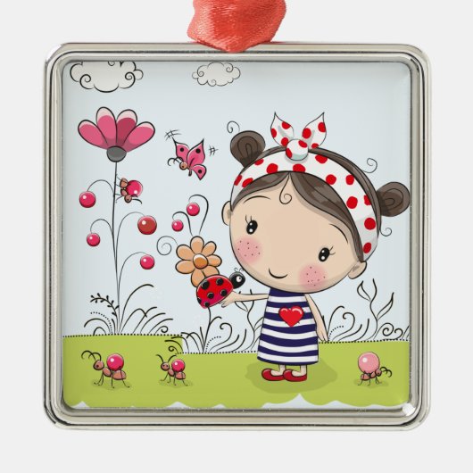 Niedliches Cartoon-Mädchen mit Marienkäfer in der Silbernes Ornament (Vorne)