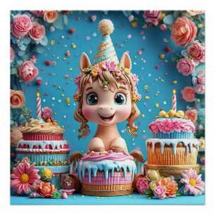 Niedliches Cartoon-Pony feiert Geburtstag Poster