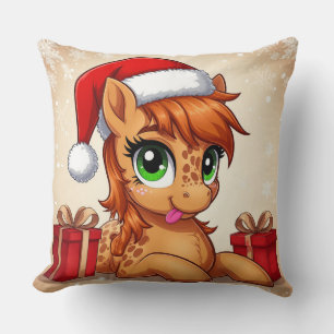 Niedliches Cartoon-Pony mit Weihnachtsmannmütze Kissen