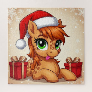 Niedliches Cartoon-Pony mit Weihnachtsmannmütze Puzzle