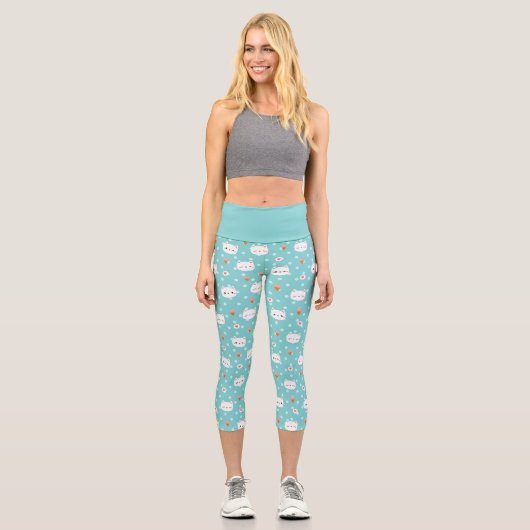 Niedliches Cat and Ice Creme Muster Capri Leggings (Vorderseite)