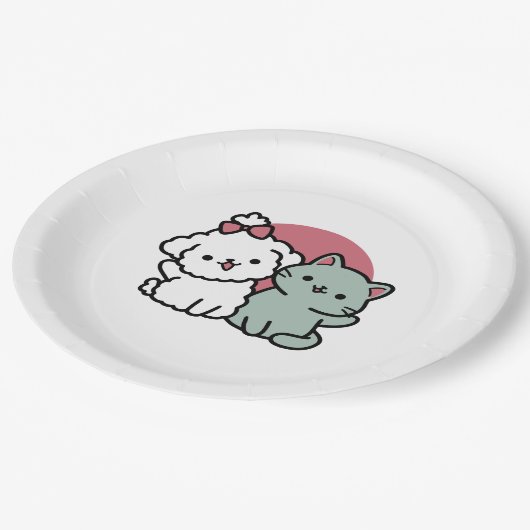 Niedliches Cat & Dog "Fur-Real Friends Forever"-De Pappteller (Schrägansicht)