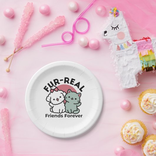 Niedliches Cat & Dog "Fur-Real Friends Forever"-De Pappteller (Party)