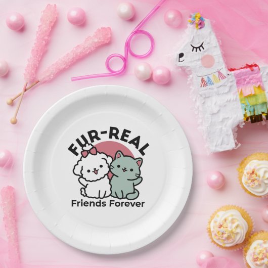 Niedliches Cat & Dog "Fur-Real Friends Forever"-De Pappteller (Party)