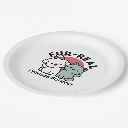 Niedliches Cat & Dog "Fur-Real Friends Forever"-De Pappteller (Schrägansicht)