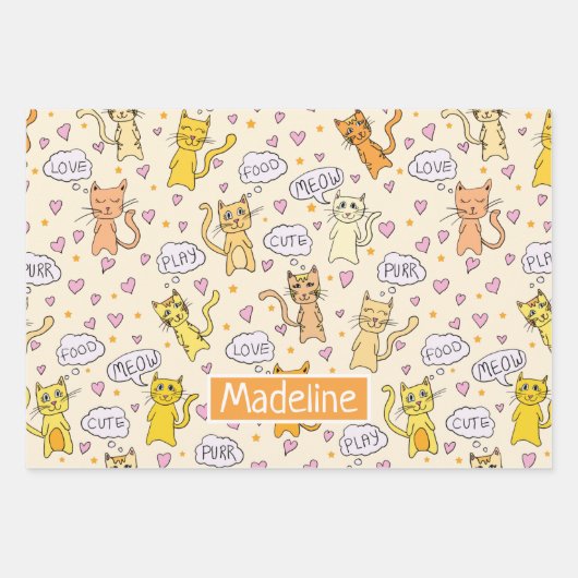 Niedliches Cat Doodles Muster Geschenkpapier Set (Vorderseite)