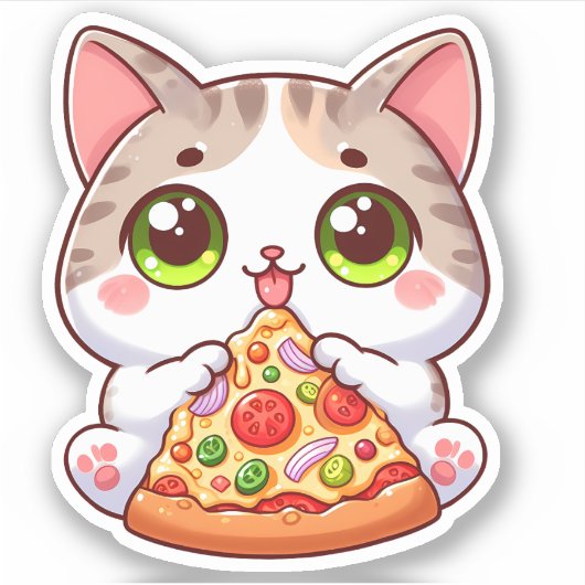 Niedliches Cat Eating Pizza Custom Cut Vinyl Stick Aufkleber (Vorderseite)