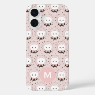Niedliches Cat Face Pink Dotty Pattern Monogramm iPhone 16 Hülle