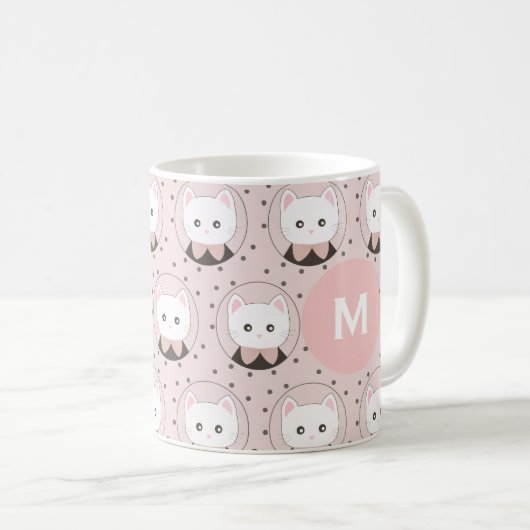 Niedliches Cat Face Pink Dotty Pattern Monogramm Kaffeetasse (VorderseiteRechts)