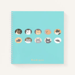 Niedliches Cat Faces Blue Spiral Notebook mit Name Notizblock