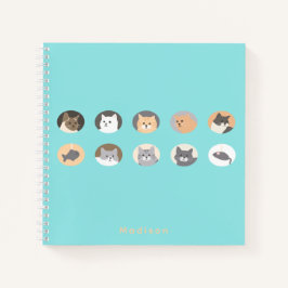 Niedliches Cat Faces Blue Spiral Notebook mit Name Notizblock