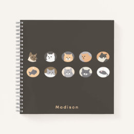 Niedliches Cat Faces Dark Gray Notebook mit Namen Notizblock