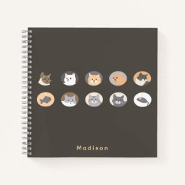 Niedliches Cat Faces Dark Gray Notebook mit Namen Notizblock