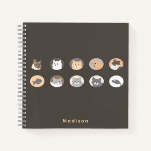 Niedliches Cat Faces Dark Gray Notebook mit Namen Notizblock