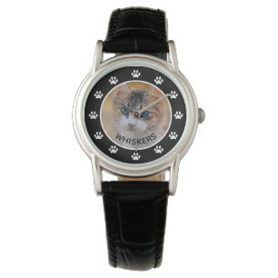 Niedliches Cat Foto Pet Name Paw Prints Custom Armbanduhr
