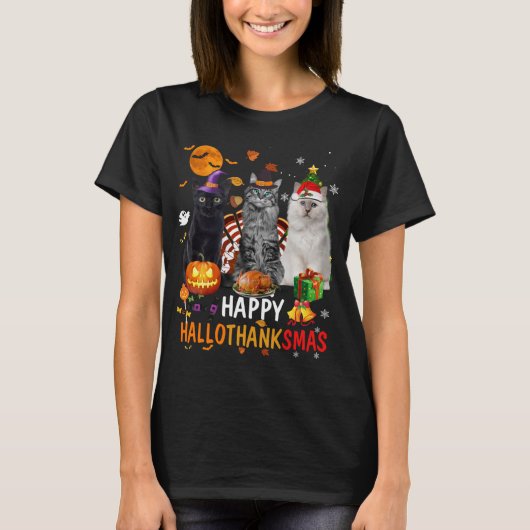 Niedliches Cat Halloween Frohe Weihnachtsfeier Hal T-Shirt (Vorderseite)