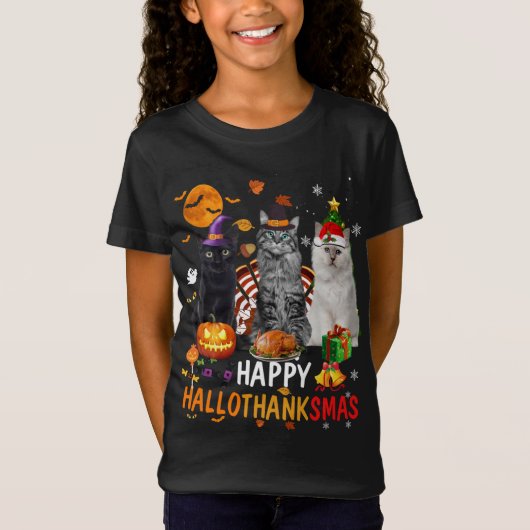 Niedliches Cat Halloween Frohe Weihnachtsfeier Hal T-Shirt (Vorderseite)