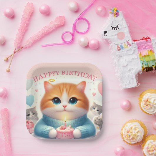 Niedliches Cat Happy Birthday Paper Plate Pappteller (Party)