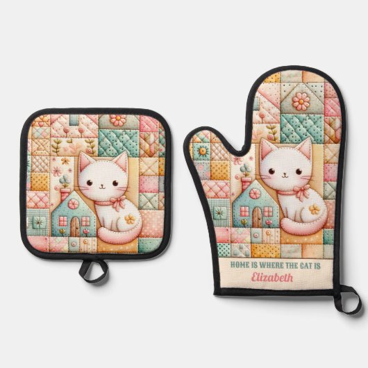 Niedliches Cat House Quilt Patchwork Pastel Indivi Ofenhandschuh & Topflappen-Set (Vorderseite)