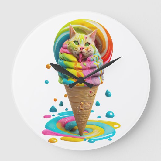 Niedliches Cat Ice Creme Cone farbig Große Wanduhr (Vorderseite)